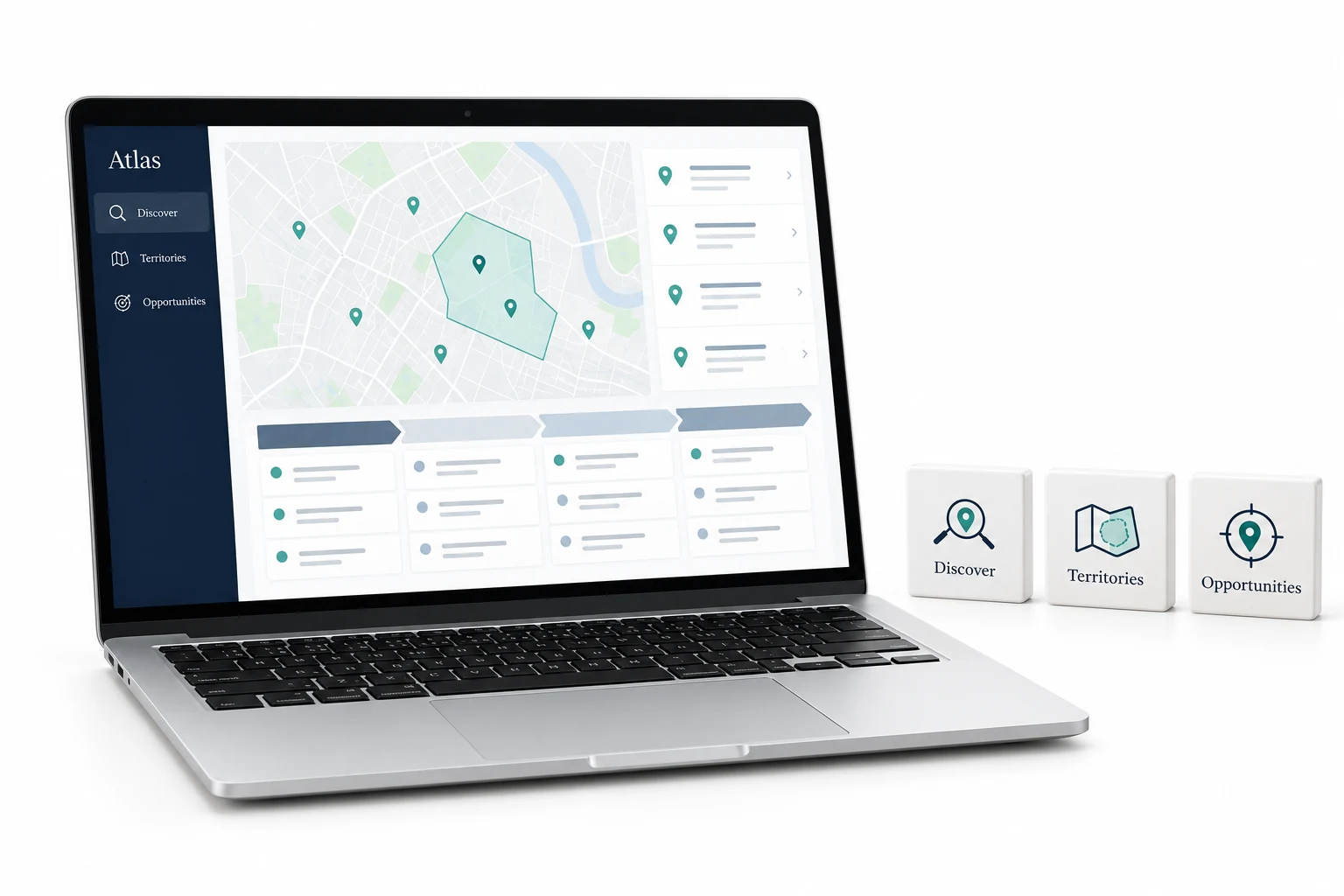 Illustration of an Atlas map workspace on a silver laptop with business locations, a territory and opportunity tiles