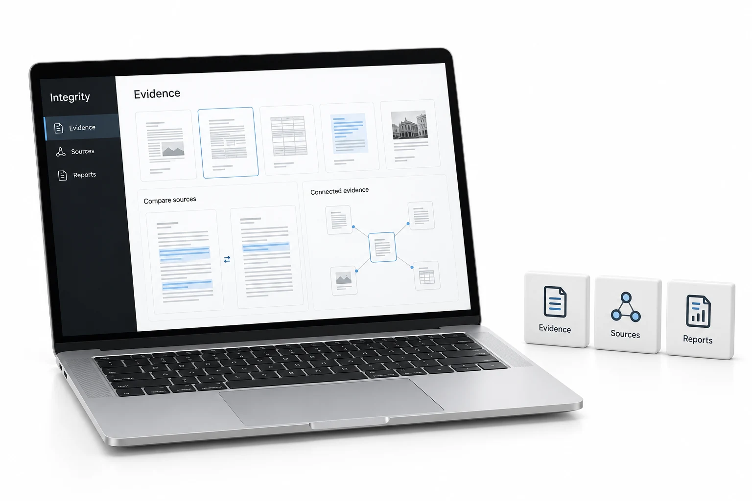 Illustration of an Integrity research workspace on a silver laptop with evidence, sources and report tiles