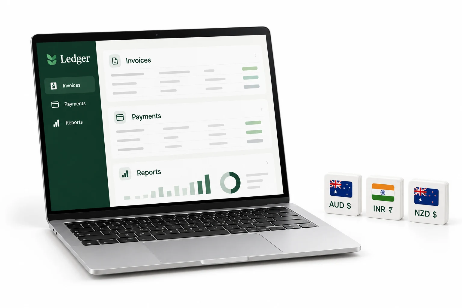 Ledger concept on a silver laptop with Australian dollar, Indian rupee and New Zealand dollar currency tiles